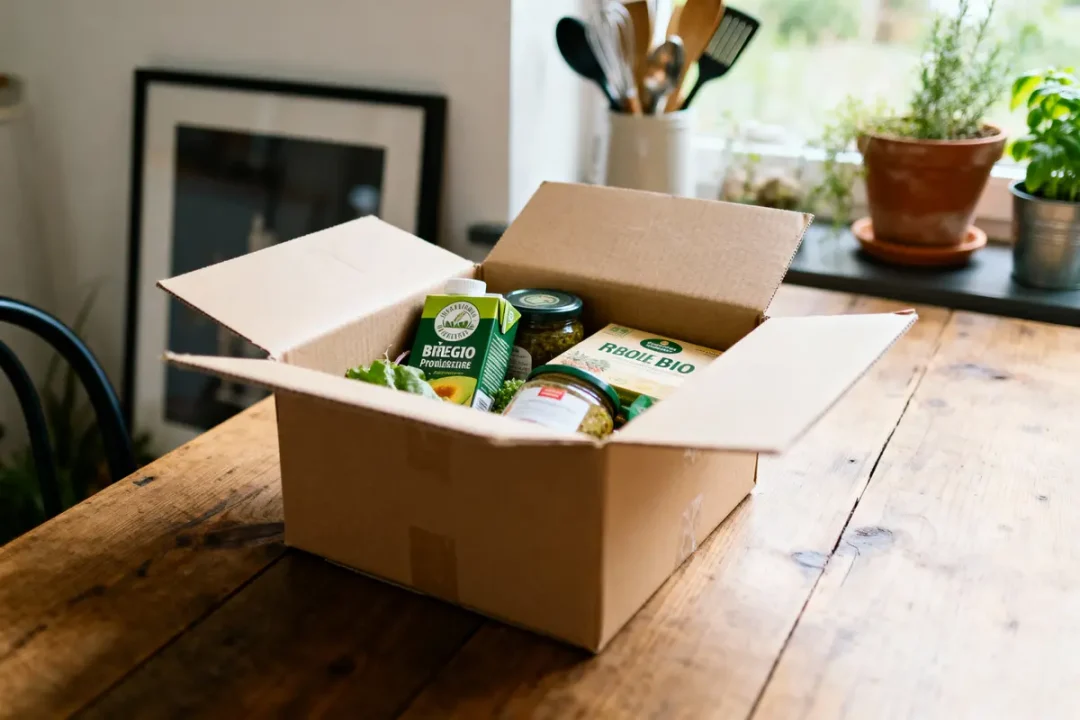 Boîte en carton ouverte contenant divers produits alimentaires sur une table en bois, dans une cuisine lumineuse.