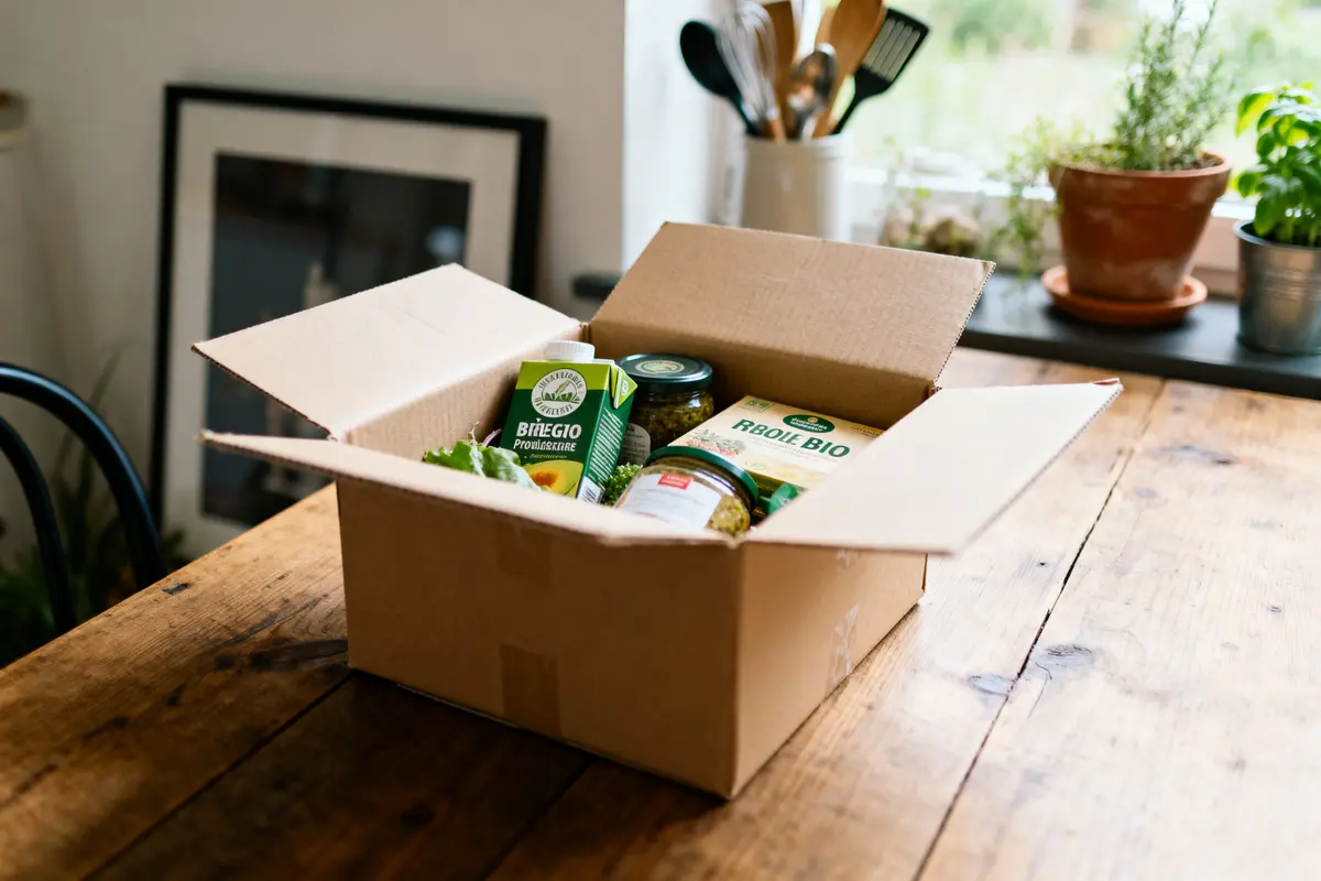 Boîte en carton ouverte contenant divers produits alimentaires sur une table en bois, dans une cuisine lumineuse.