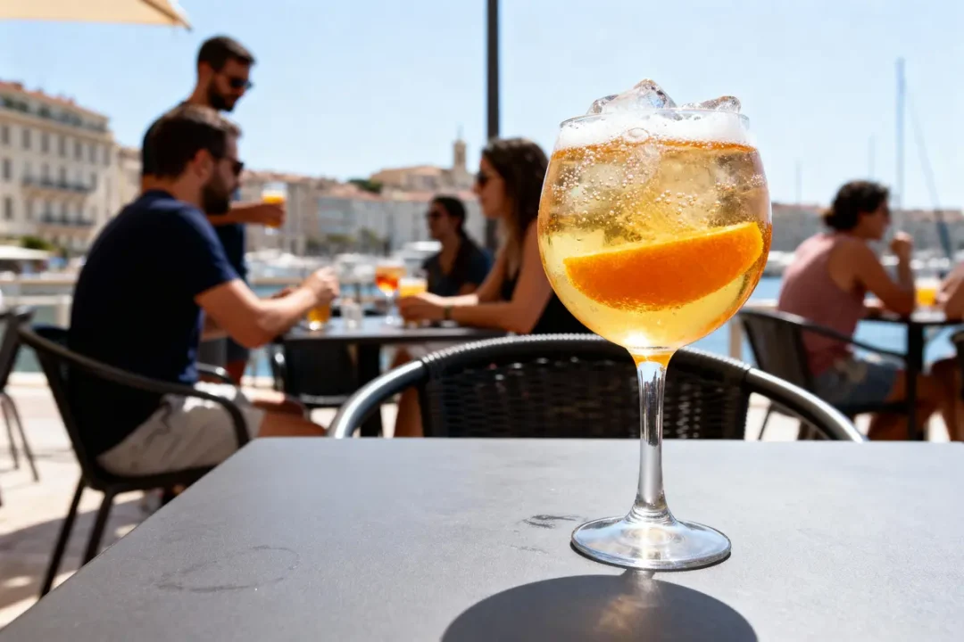 Verre de cocktail avec rondelle d'orange en terrasse, port en arrière-plan, personnes discutant.