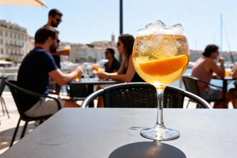 Verre de cocktail avec rondelle d'orange en terrasse, port en arrière-plan, personnes discutant.