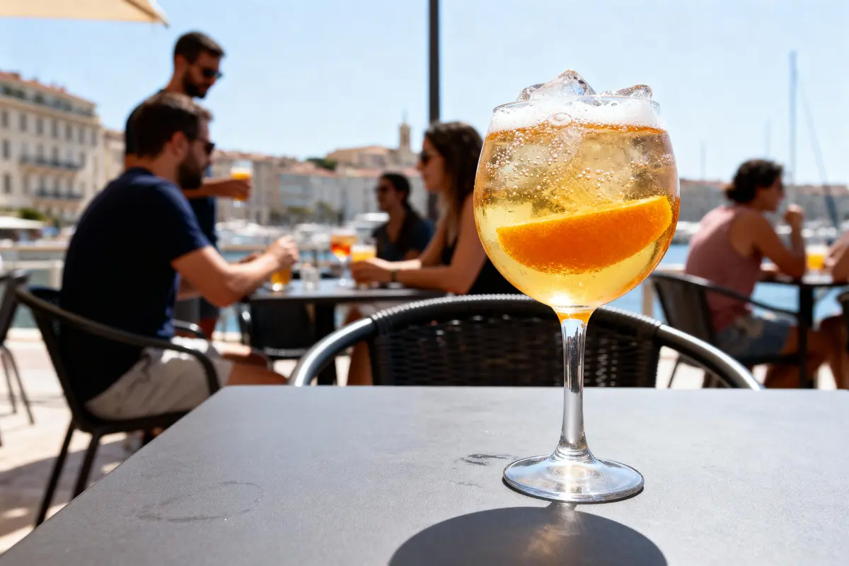 Verre de cocktail avec rondelle d'orange en terrasse, port en arrière-plan, personnes discutant.