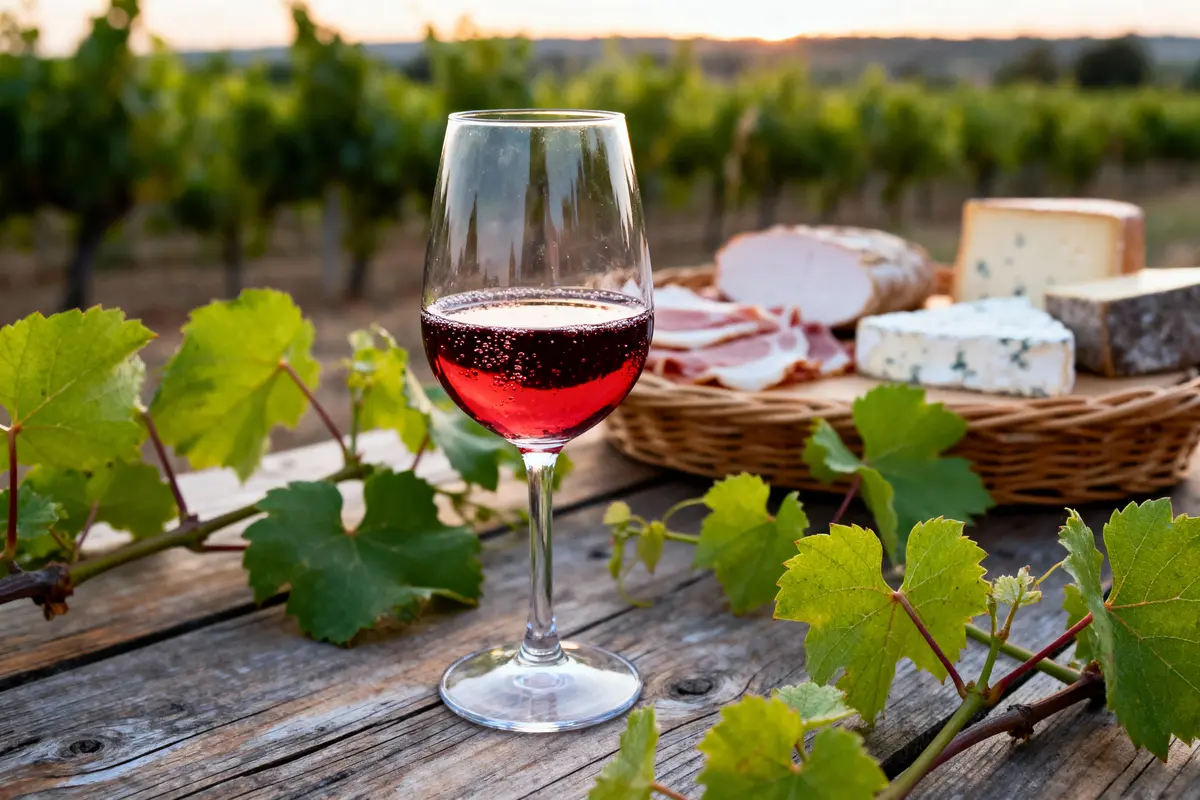 Verre de vin rouge, raisins, plateau de charcuterie et fromage, sur table bois, vignoble en arrière-plan.