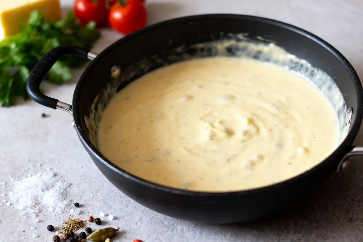 Casserole de sauce crémeuse, entourée de tomates, fromage, persil, épices et poivre sur une table grise.