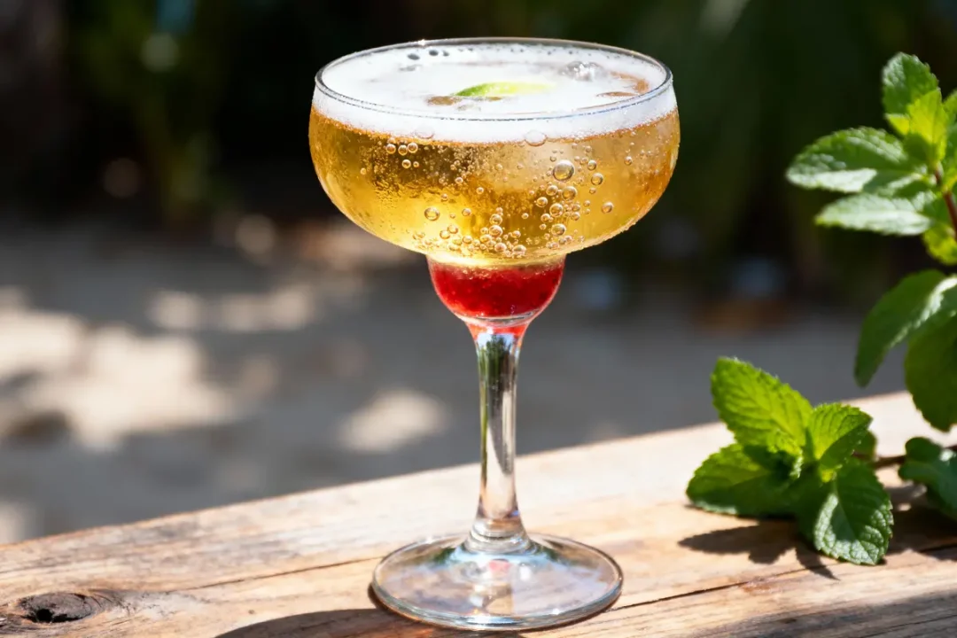 Verre à cocktail pétillant avec une tranche de citron vert, base rouge, sur table en bois, menthe à côté.