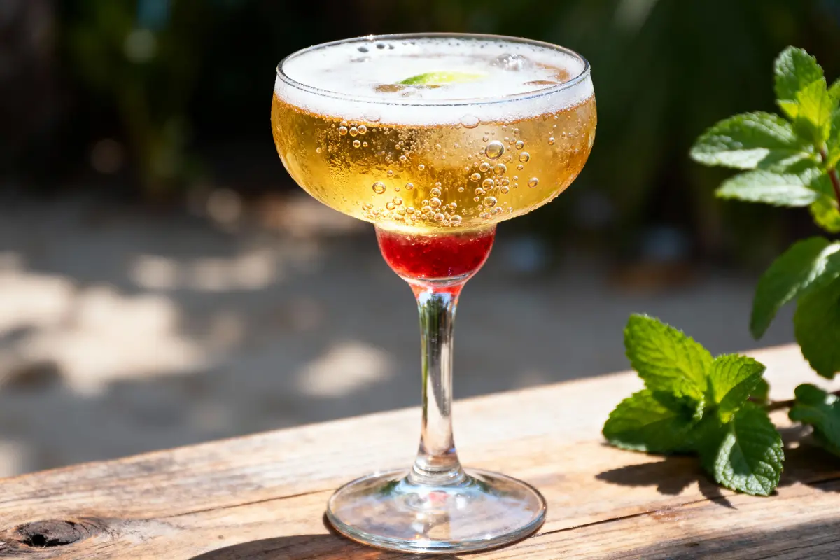 Verre à cocktail pétillant avec une tranche de citron vert, base rouge, sur table en bois, menthe à côté.