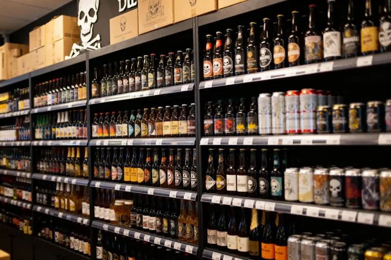 Rayons d'un magasin avec des bouteilles et canettes de bière variées, décoré de motifs de crânes.