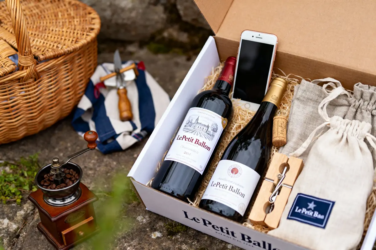 Coffret cadeau avec deux bouteilles de vin, tire-bouchon, téléphone, moulin à café, panier en osier.