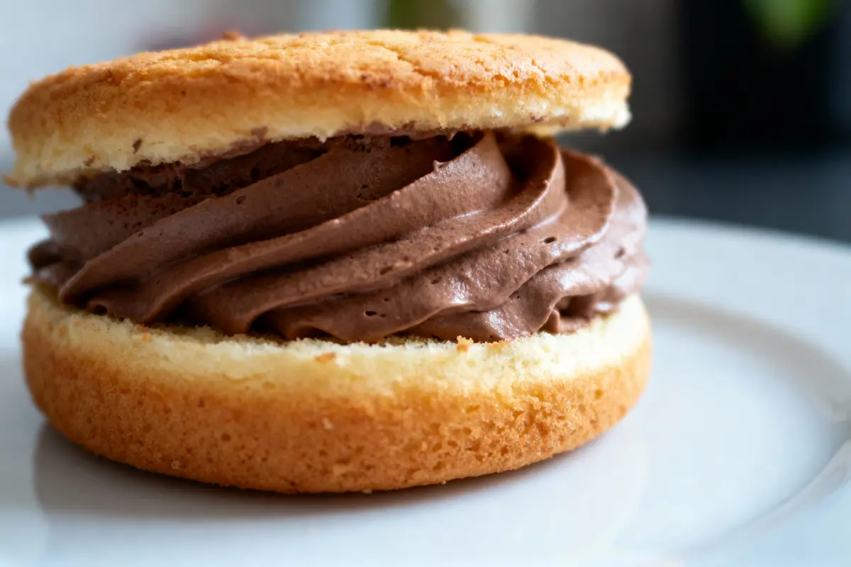Pâtisserie avec crème au chocolat entre deux biscuits moelleux, sur une assiette blanche.