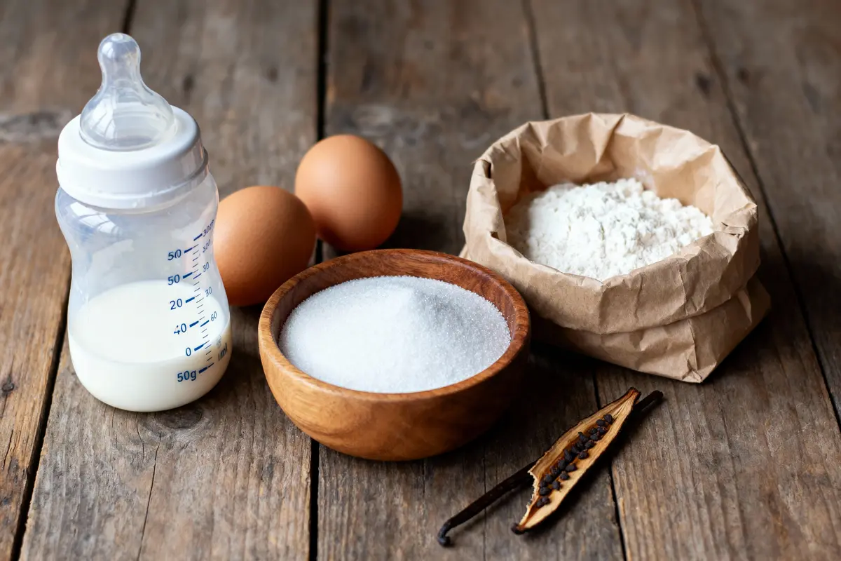 Bouteille de lait, œufs, sucre, farine et vanille sur table en bois rustique.