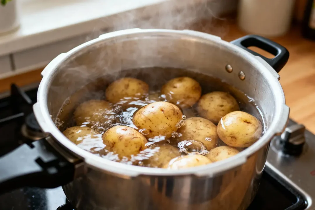 Casserole en métal avec pommes de terre bouillantes, eau frémissante et vapeur, posée sur une cuisinière.