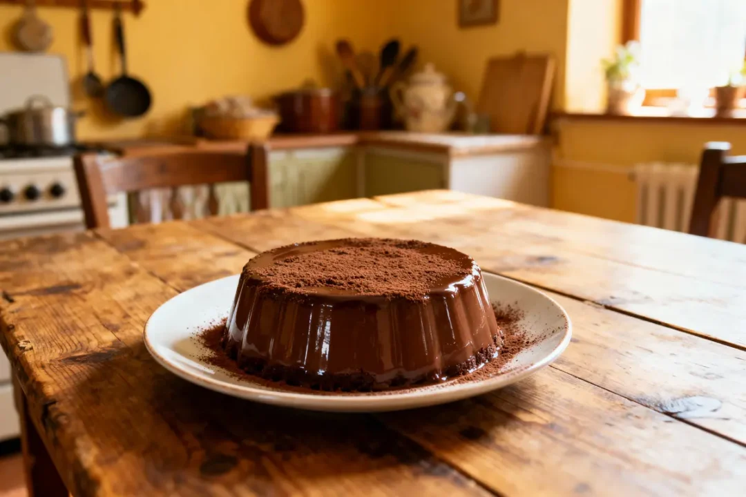 Gâteau au chocolat sur une table en bois, dans une cuisine rustique avec lumière naturelle.