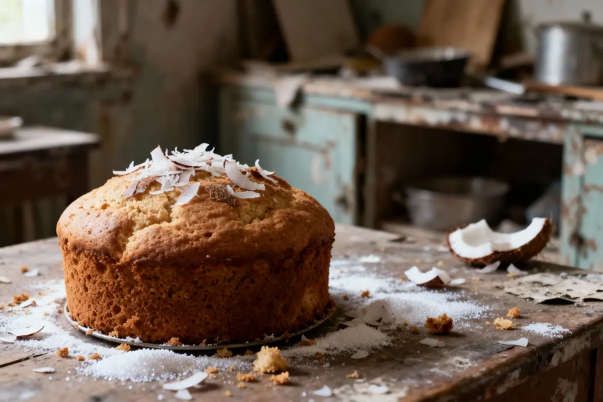 Gâteau au noix de coco sur table rustique, copeaux et noix de coco en arrière-plan, ambiance vintage.