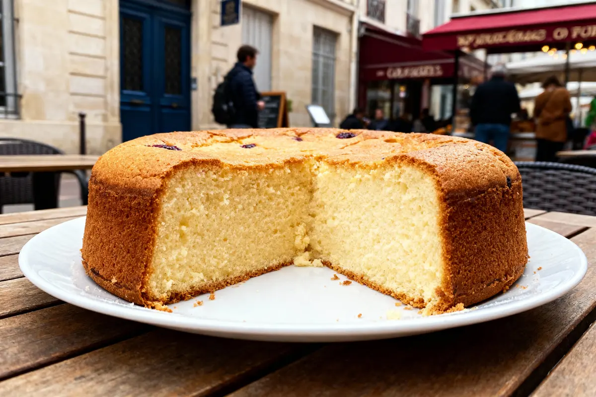 Gâteau rond tranché sur assiette blanche, posé sur table en bois à l'extérieur d'une boulangerie.