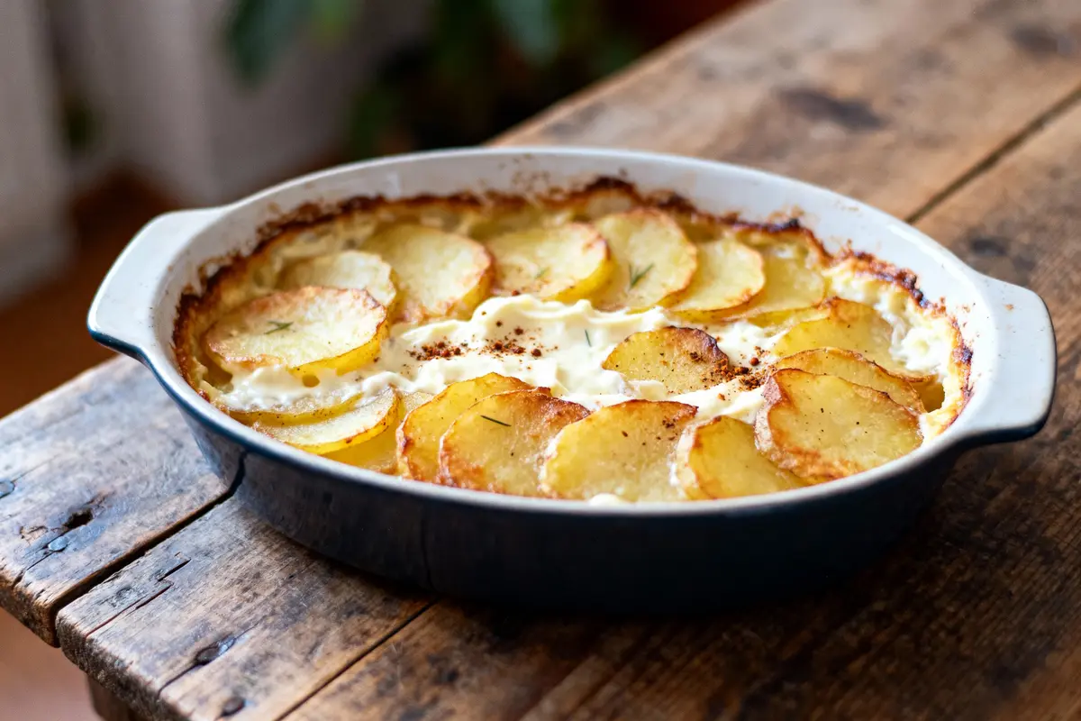 Plat de gratin dauphinois doré, avec tranches de pommes de terre et crème, sur une table en bois.
