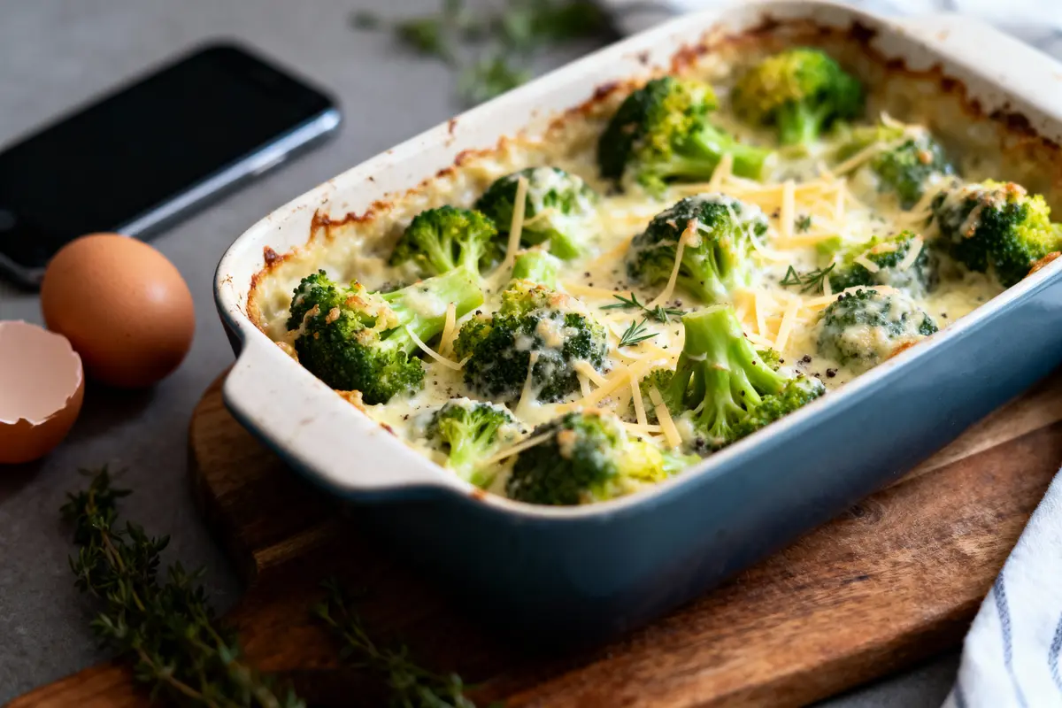 Gratin de brocolis au fromage dans un plat bleu, avec œufs et smartphone à proximité.