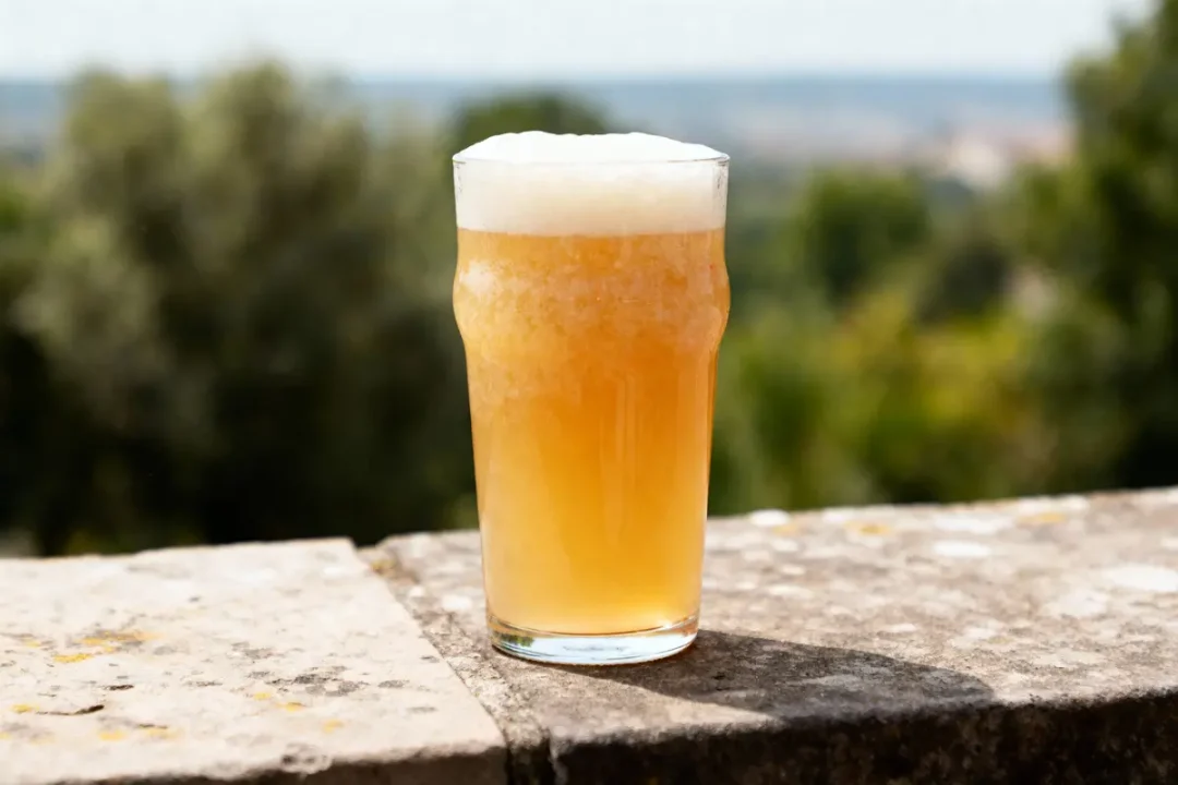 Verre de bière à la mousse blanche, posé sur un muret en extérieur, avec un fond flou verdoyant.