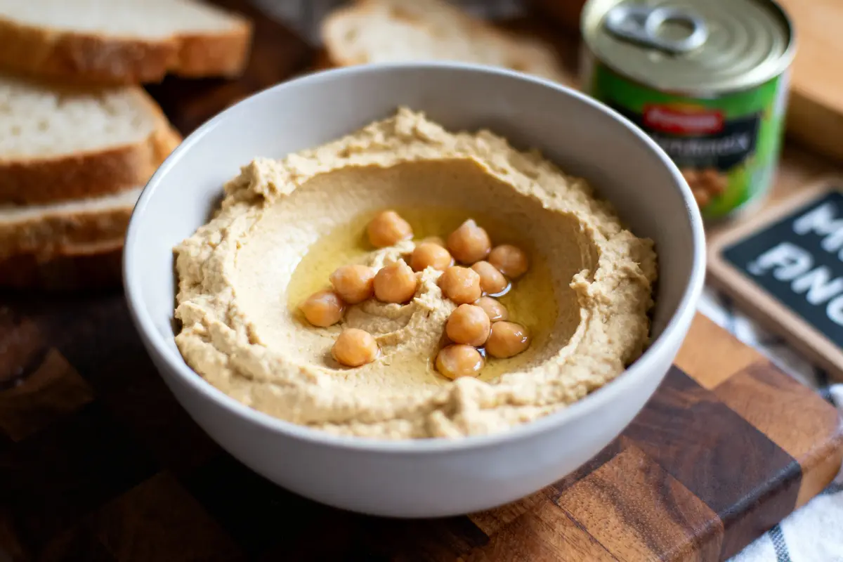 Bol de houmous garni de pois chiches, avec tranches de pain et boîte en arrière-plan.