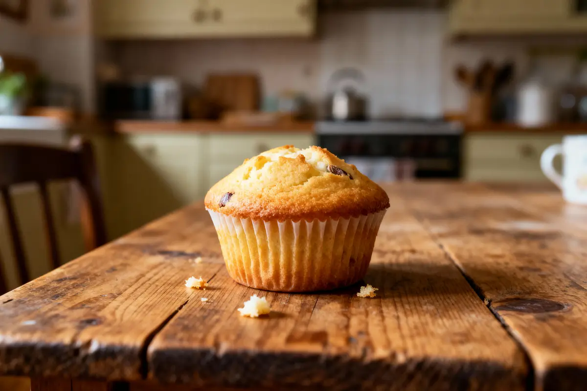 Un muffin aux pépites de chocolat sur une table en bois dans une cuisine floue.