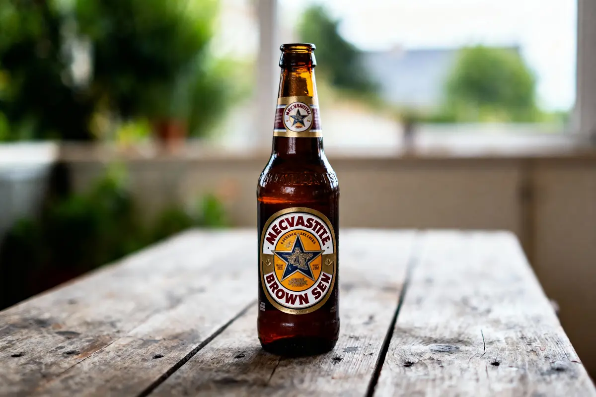 Bouteille de bière brune sur table en bois, arrière-plan flou de fenêtre et végétation.