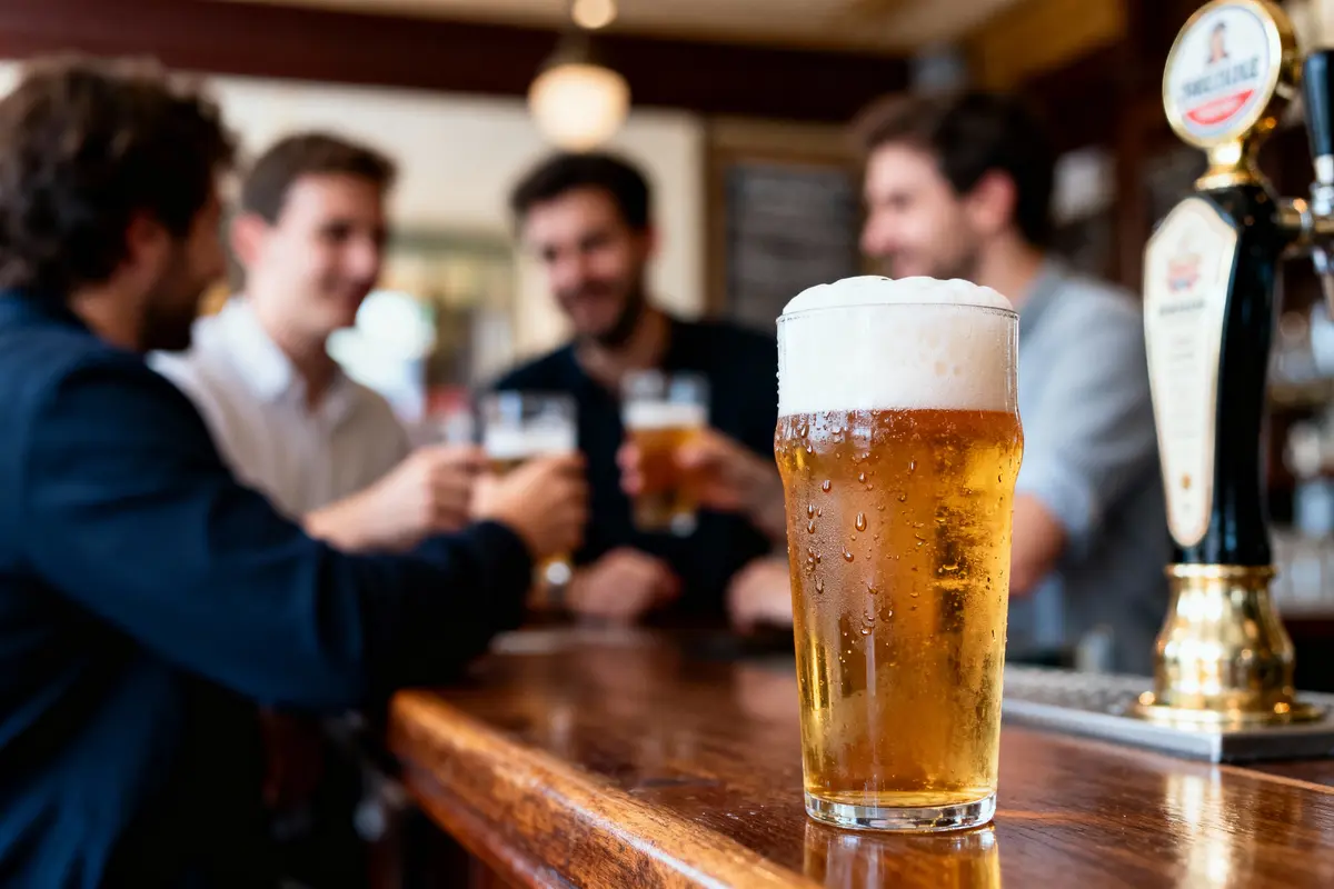 Verre de bière au premier plan, quatre personnes trinquent en arrière-plan dans un bar.