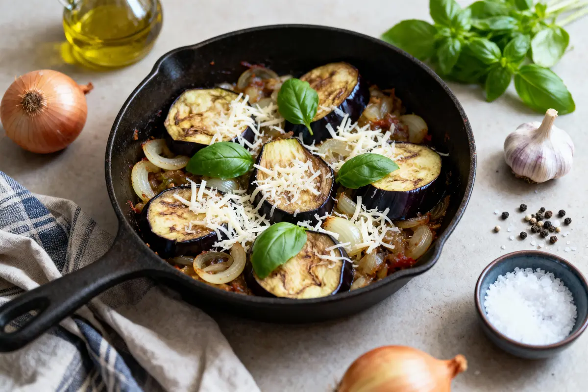 Poêle avec aubergines, oignons, basilic, parmesan. Oignon, ail, sel, poivre, huile d'olive, basilic en arrière-plan.