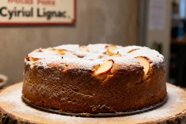 Gâteau aux pommes, saupoudré de sucre glace, présenté sur une tranche de bois. Fond flou.