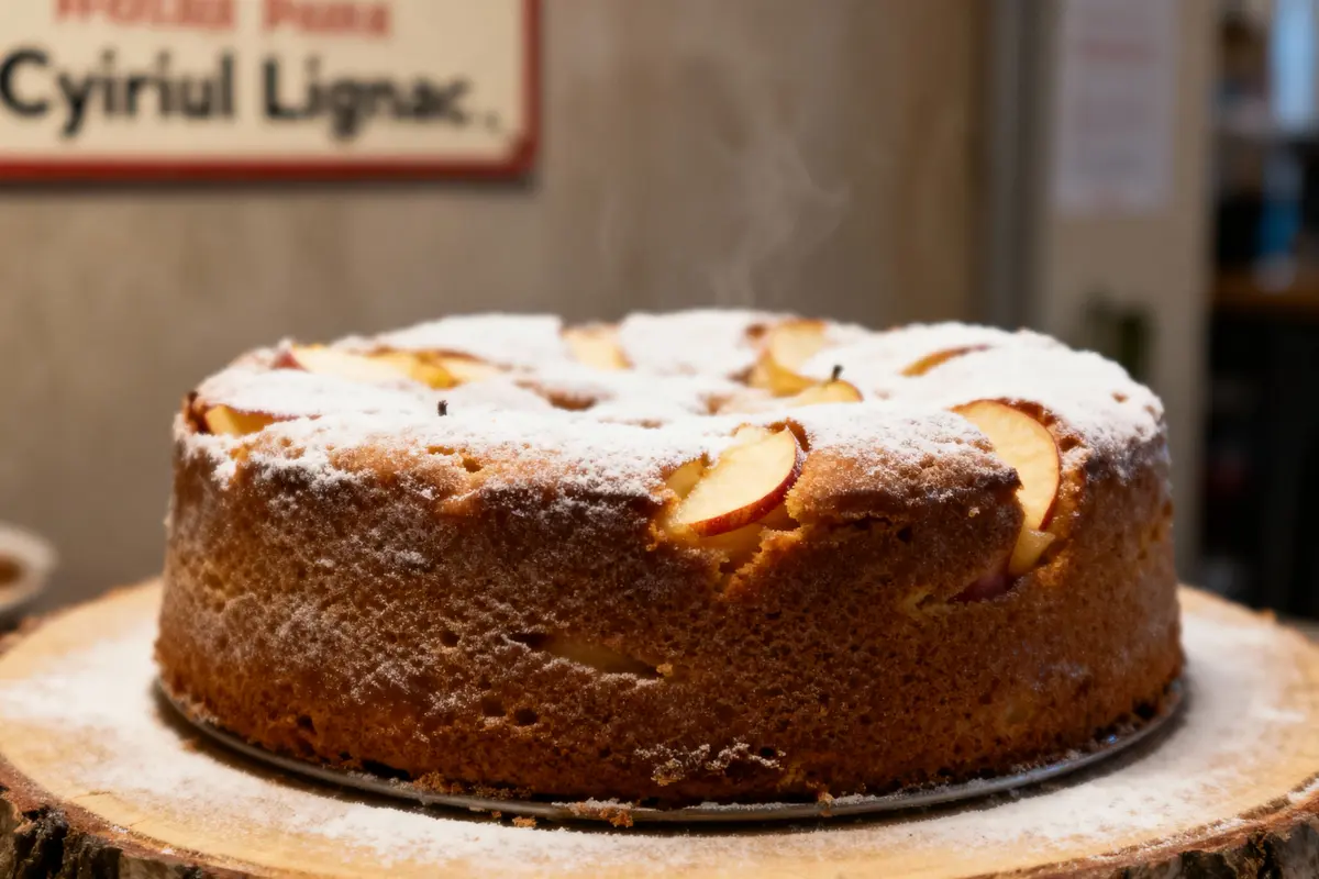 Gâteau aux pommes, saupoudré de sucre glace, présenté sur une tranche de bois. Fond flou.