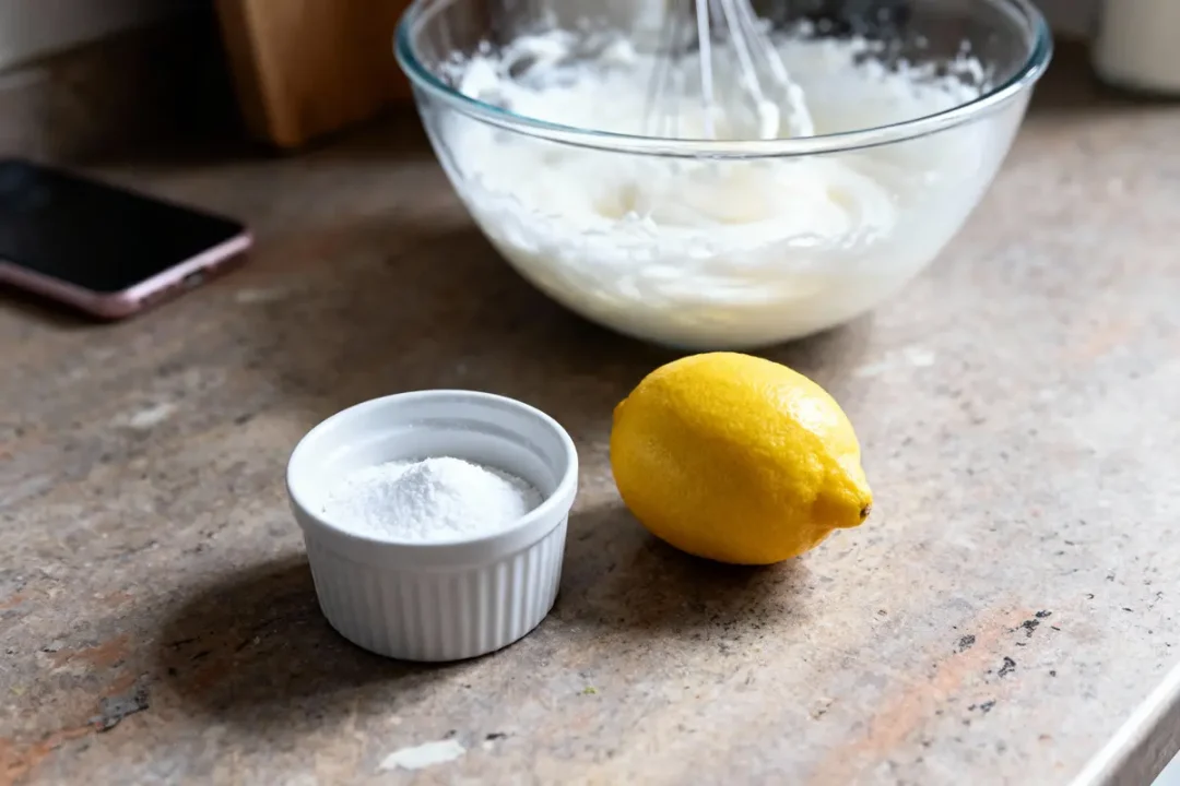 Citron, ramequin de sel, téléphone et bol mélangeur sur un plan de travail en cuisine.