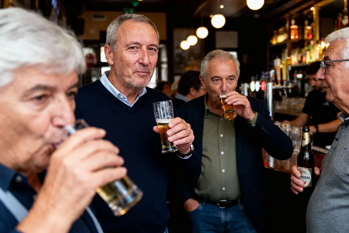 Quatre hommes d'âge mûr buvant des bières dans un bar animé, ambiance conviviale et détendue.