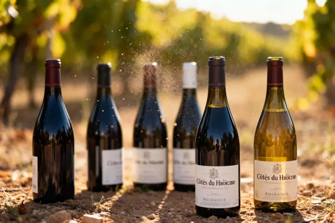 Six bouteilles de vin Côtes du Rhône dans un vignoble ensoleillé avec poussière flottant autour.