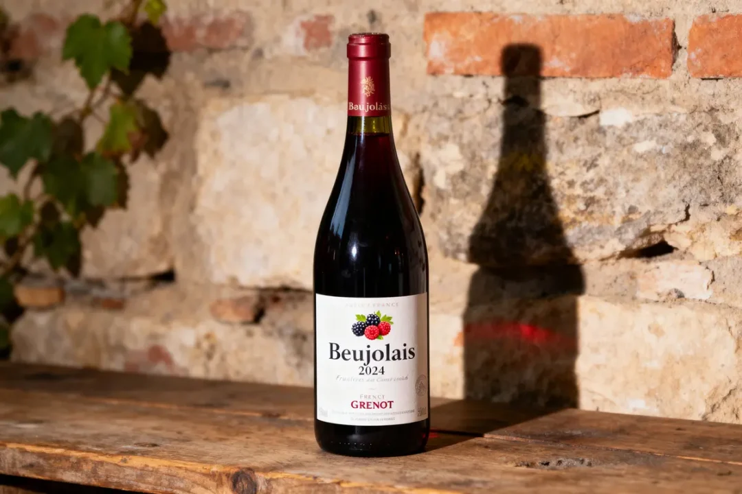 Bouteille de vin Beaujolais 2024 sur une table en bois, devant un mur en pierre.