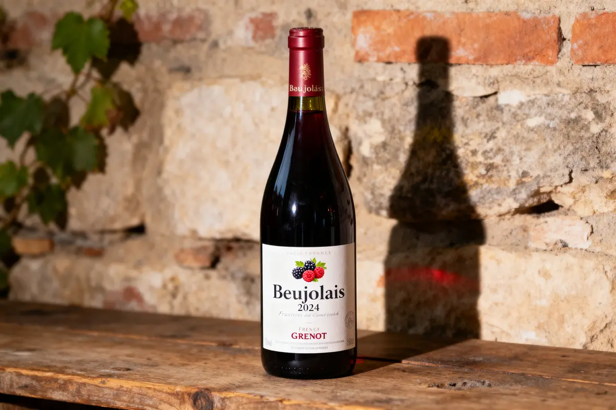 Bouteille de vin Beaujolais 2024 sur une table en bois, devant un mur en pierre.