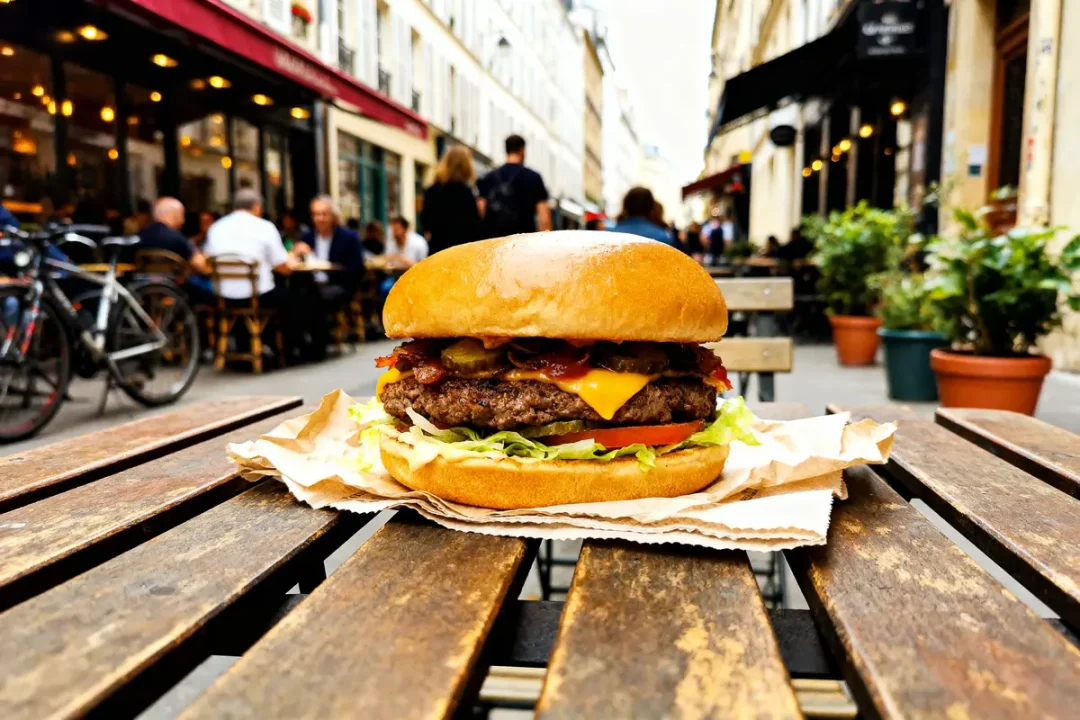 Gros plan sur un hamburger appétissant sur table en bois, rue animée avec cafés en arrière-plan.