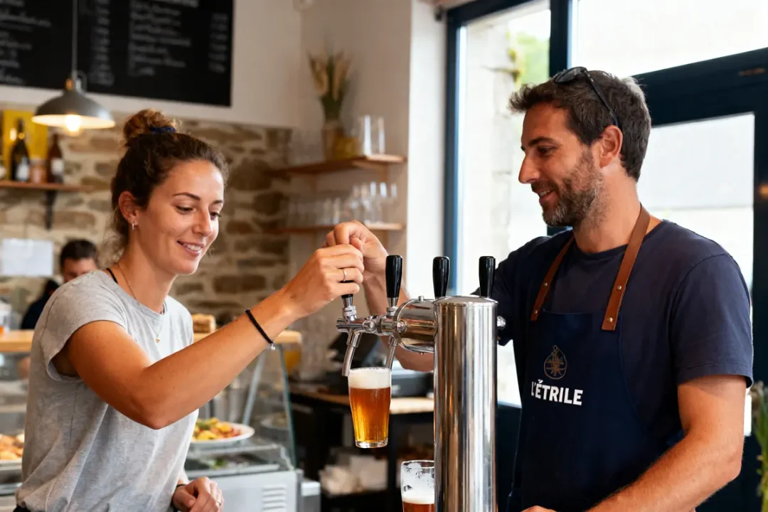 Une femme et un homme souriants servent une bière pression dans un bar.