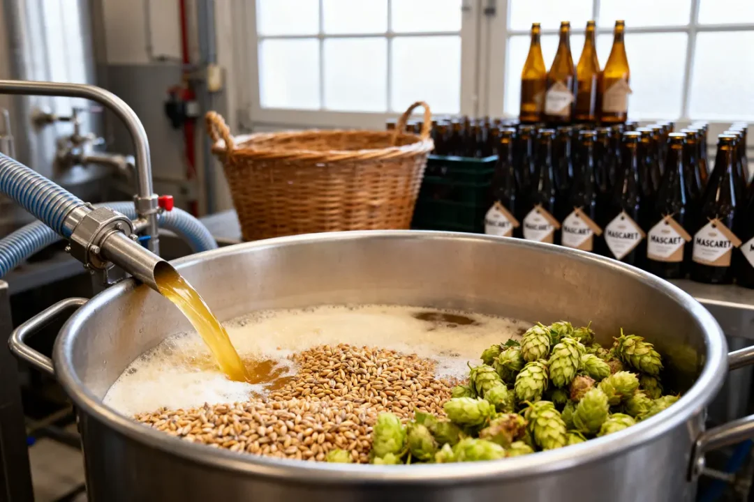 Cuve de brassage avec malt, houblon, et tuyau d'eau; bouteilles étiquetées en arrière-plan.