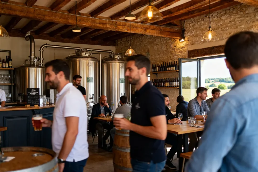 Des personnes dans une brasserie, dégustant des boissons artisanales, entourées de grands fûts métalliques et étagères de bouteilles.
