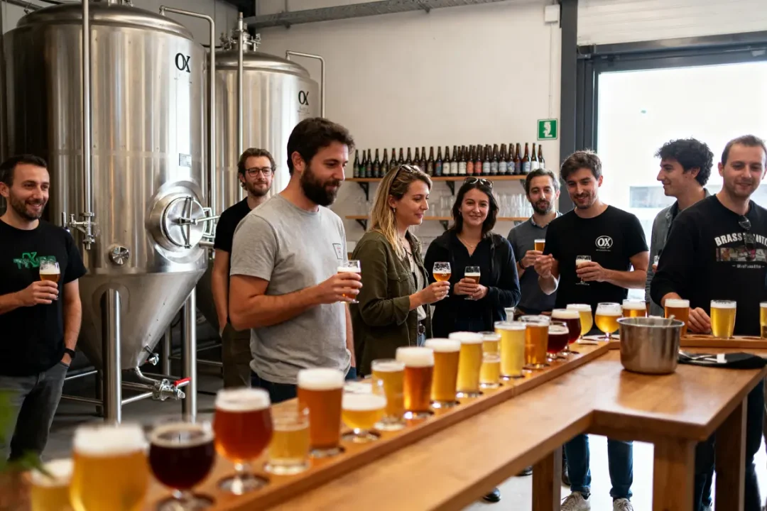 Groupe de personnes dégustant des bières artisanales dans une brasserie, devant une rangée de verres.