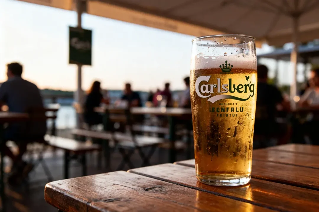 Verre de bière Carlsberg sur table en bois. Terrasse au coucher du soleil avec silhouette de personnes en arrière-plan.