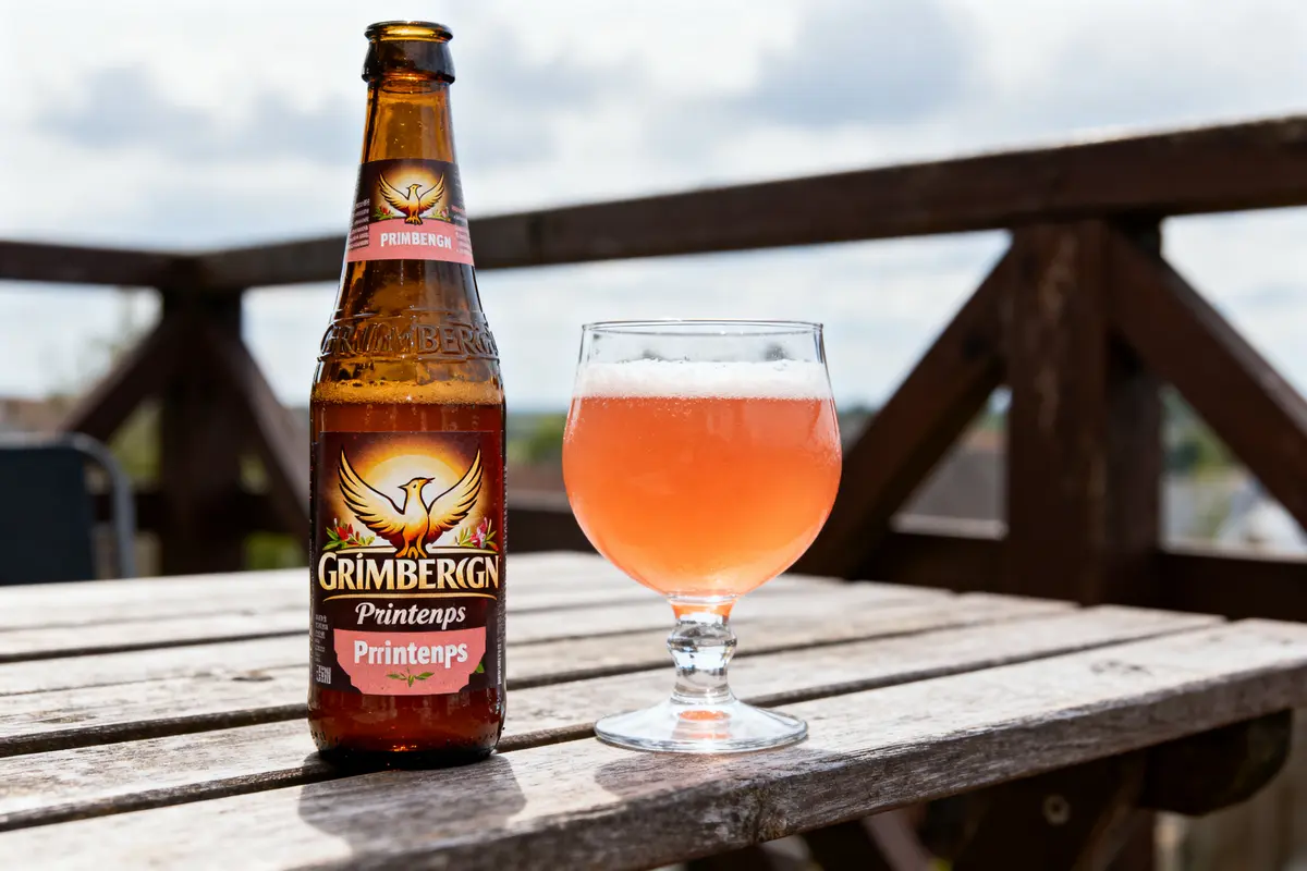 Bouteille et verre de bière Grimbergen Printemps sur table en bois, ciel nuageux.