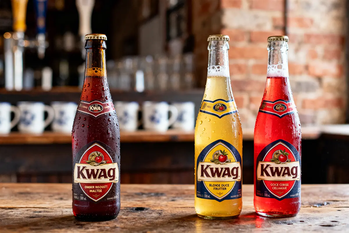 Trois bouteilles de bière Kwag, aux couleurs rouge, jaune et rouge, posées sur un comptoir en bois.