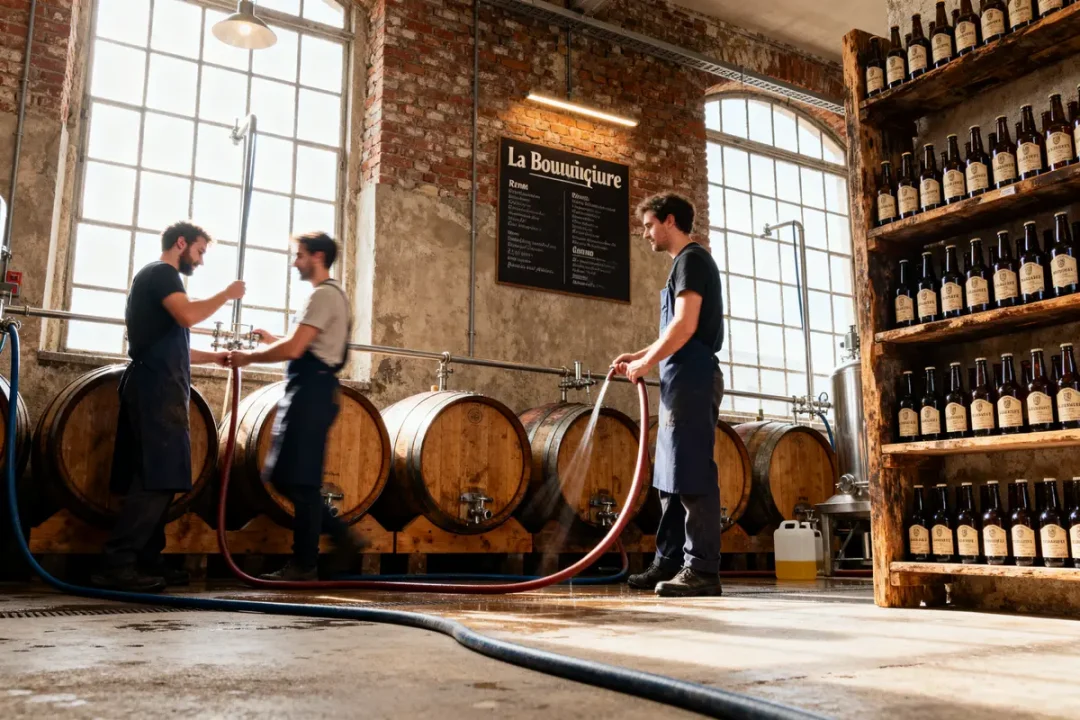 Trois personnes travaillent dans une brasserie artisanale avec fûts en bois et étagère de bouteilles.