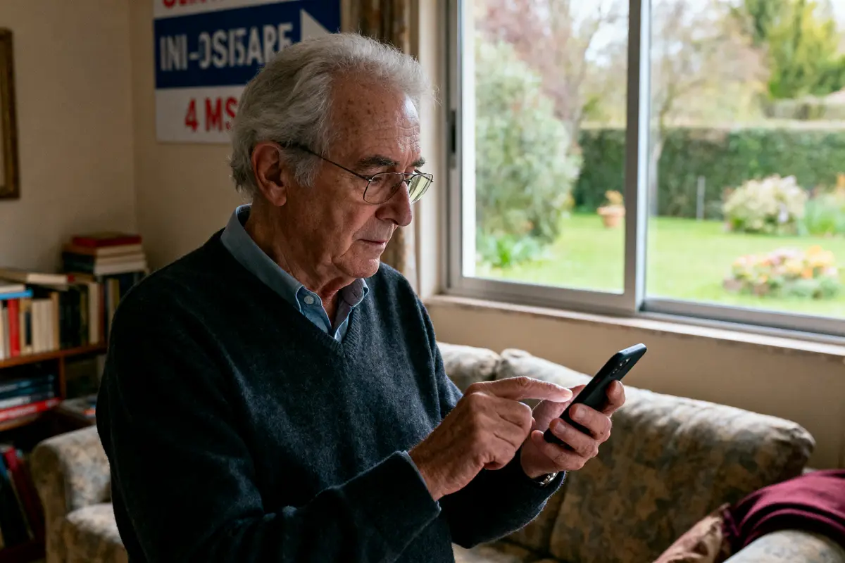 Homme âgé utilisant un smartphone dans un salon lumineux, avec vue sur jardin par la fenêtre.