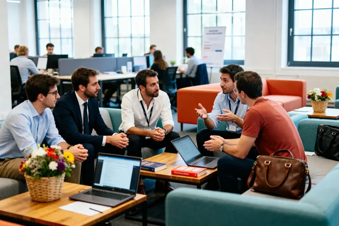 Cinq hommes discutent dans un bureau moderne, avec ordinateurs portables, livres et décorations florales.