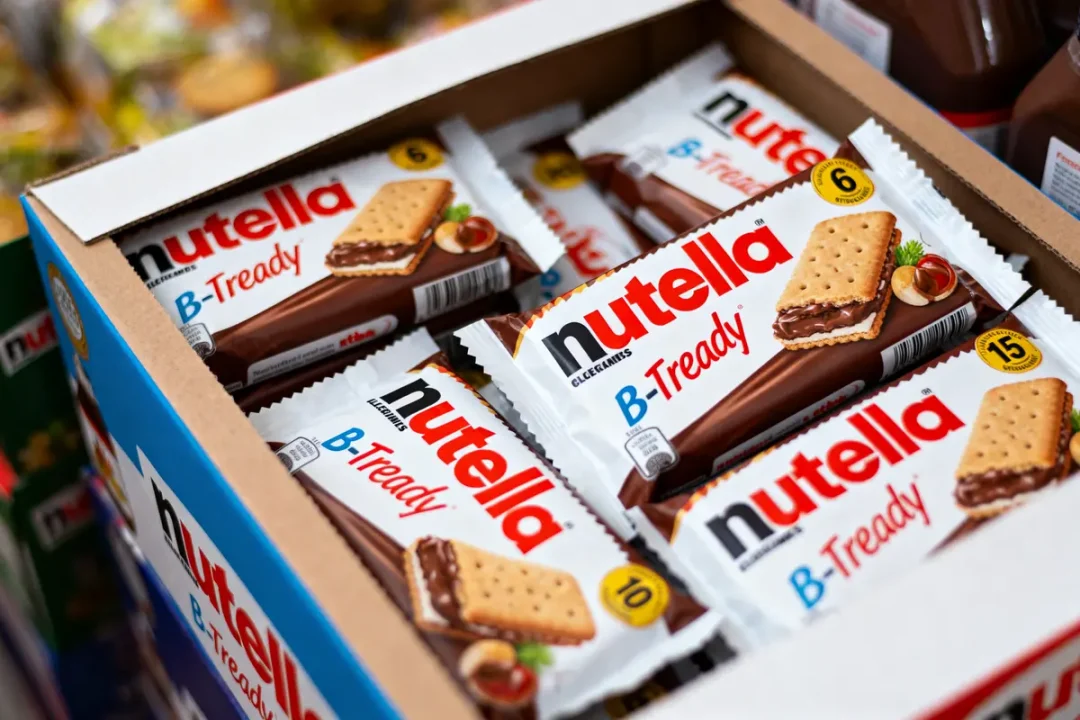 Boîte contenant des paquets de barres Nutella B-ready emballées individuellement, empilées proprement.