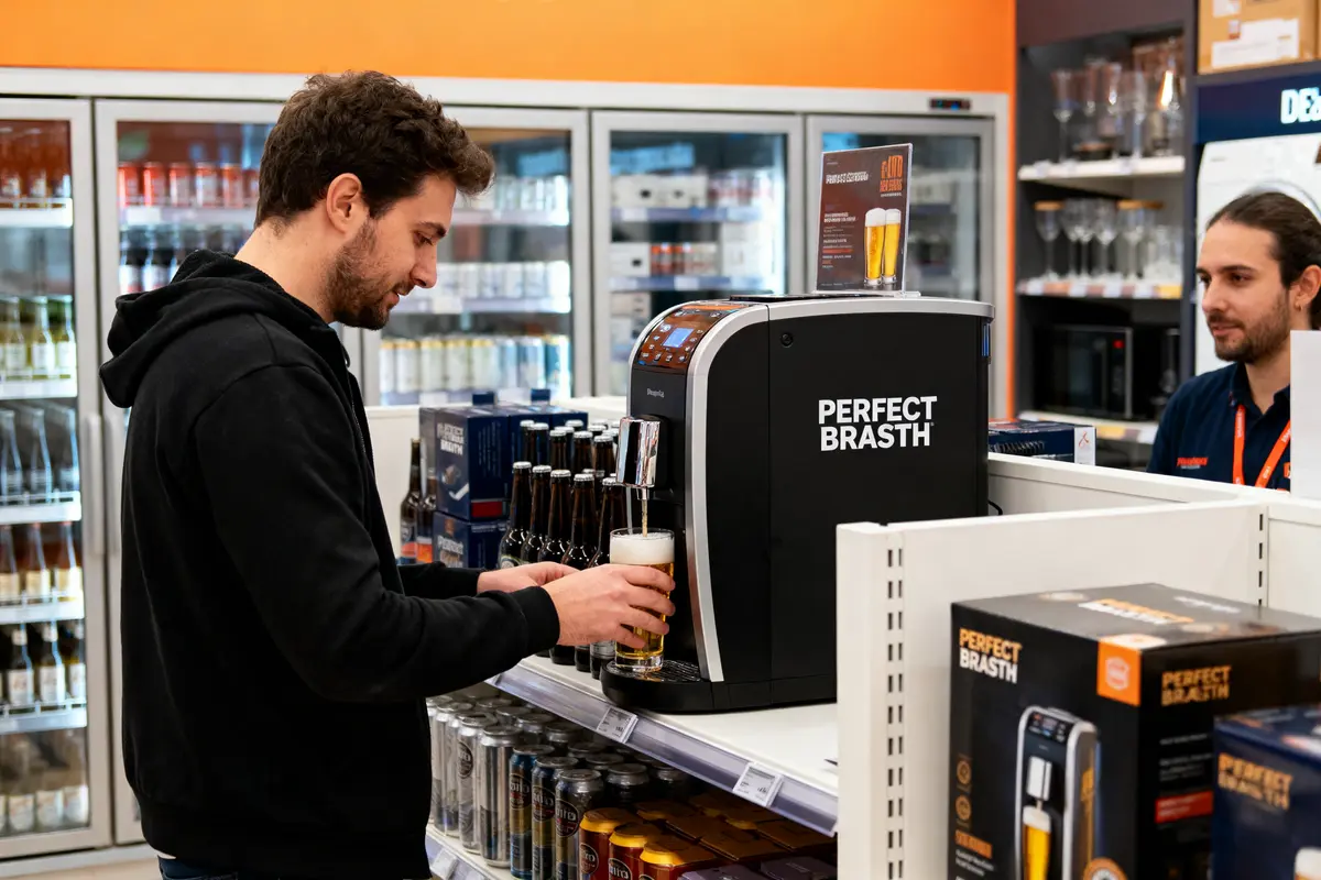 Homme remplissant un verre de bière à une machine dispense dans un magasin, employé en arrière-plan.