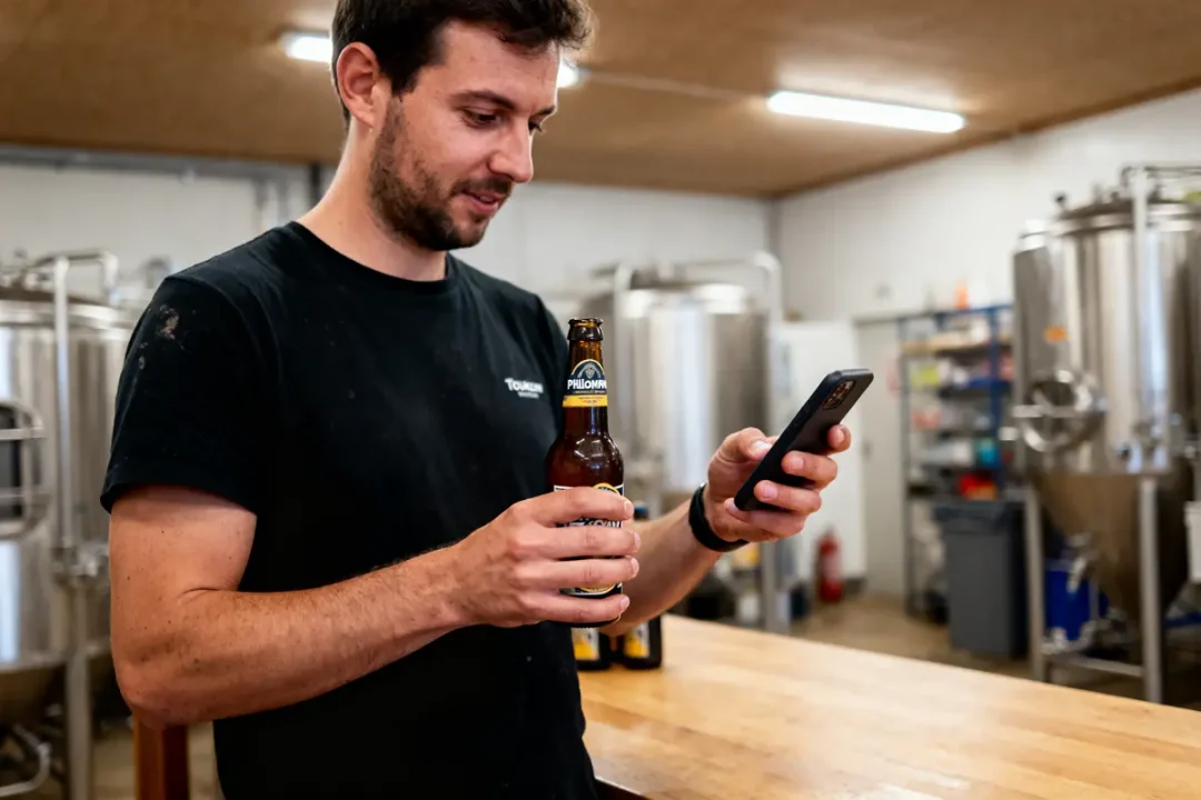 Homme dans une brasserie, tenant une bière et un téléphone, vérifiant l'écran avec attention.