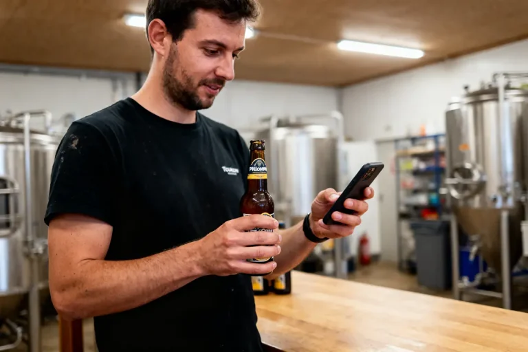 Homme dans une brasserie, tenant une bière et un téléphone, vérifiant l'écran avec attention.