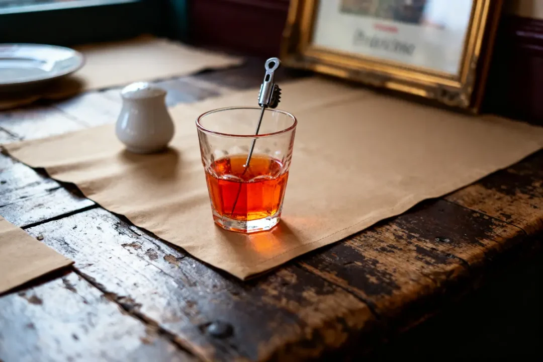 Verre de boisson orange avec une cuillère, sur nappe en papier, table en bois rustique.