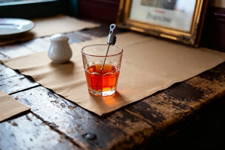 Verre de boisson orange avec une cuillère, sur nappe en papier, table en bois rustique.
