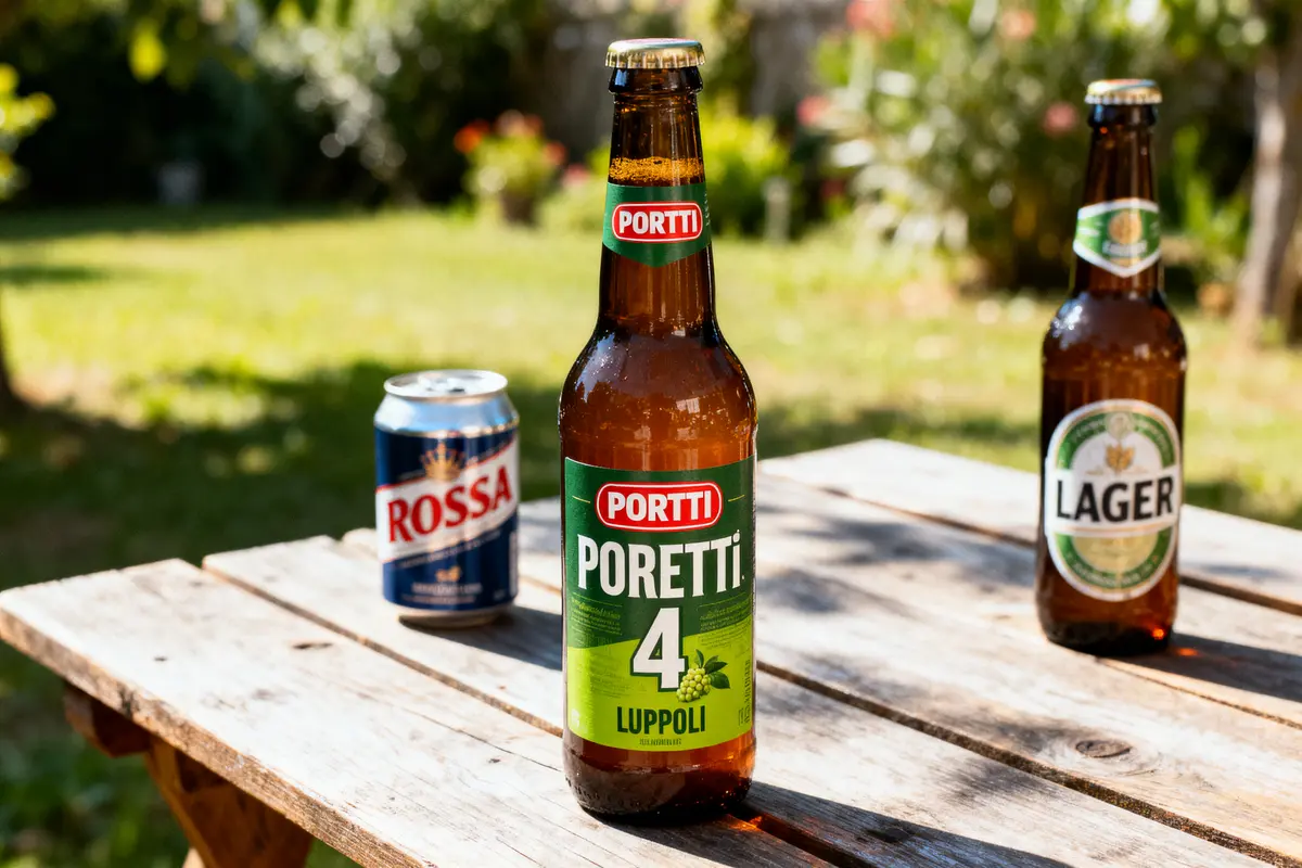 Bouteilles de bière et canette sur table en bois, jardin en arrière-plan, soleil éclatant.